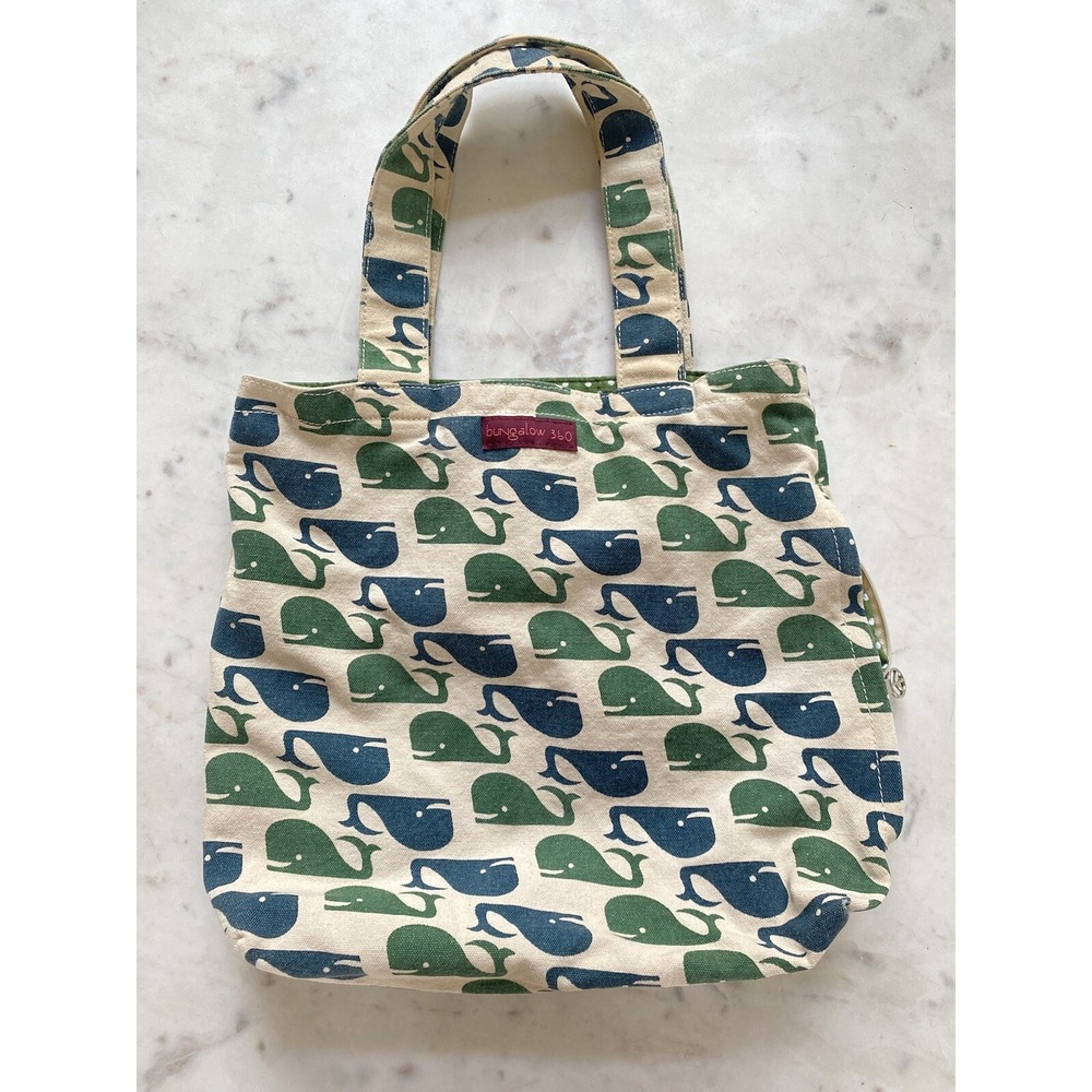 Bungalow 360 Whale‎ Purse Tote REVERSIBLE /dots Shoulder Bag Canvas Green Blue